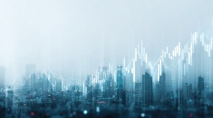 A cityscape overlaid with dynamic, white stock market candlestick charts, suggesting financial growth and urban development
