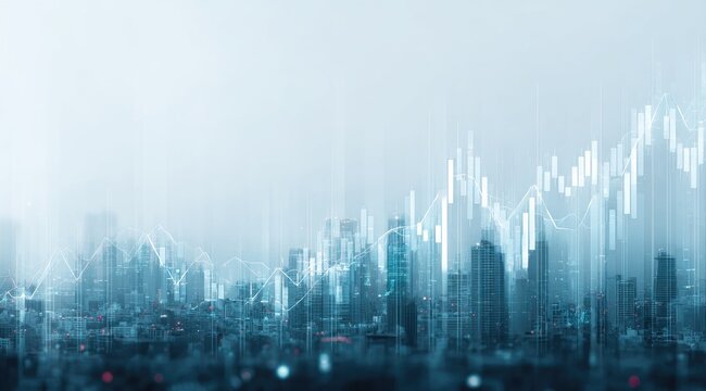 A cityscape overlaid with dynamic, white stock market candlestick charts, suggesting financial growth and urban development