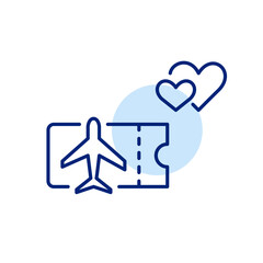 Airplane ticket and hearts. Romantic holiday, vacation travel. Honeymoon and anniversary. Pixel perfect, editable stroke icon