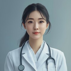 A young female doctor with a calm and confident expression, wearing a white coat and stethoscope.