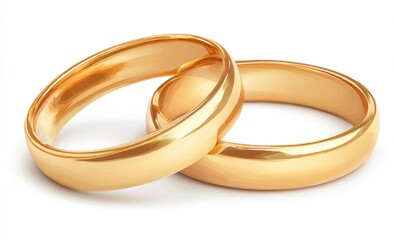 Two gleaming gold wedding bands, subtly overlapping, rest on a stark white background, showcasing their polished, smooth surfaces and simple design