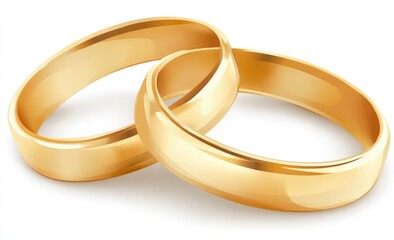 Two gleaming gold wedding bands intertwined, showcasing smooth surfaces and polished shine against a white backdrop