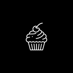 White line art cupcake with cherry on black background; simple, minimalist design