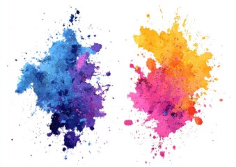 Two vibrant watercolor splatters, one cool-toned blue-purple, the other warm-toned orange-pink, against a white background