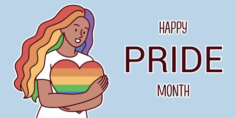 Horizontal pride month banner with woman hugging rainbow heart, colorful flat style celebrating love and equality, lgbt