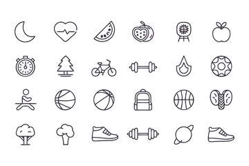 Health and fitness icon set. vector line icons of exercise, nutrition, wellness, sports, sleep, nature, and healthy lifestyle elements.