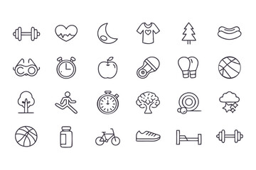 Health and fitness icon set. vector line icons of exercise, nutrition, wellness, sports, sleep, nature, and healthy lifestyle elements.