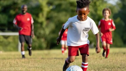 Young soccer player dribbling ball on field - Powered by Adobe