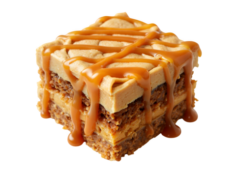 An angled view of a cookie cake, sliced and drizzled with peanut butter and caramel, on a clean white background with space for additional text.
