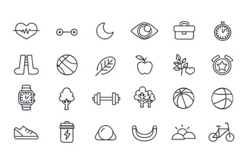 Fototapeta premium Health and fitness icon set. vector line icons of exercise, nutrition, wellness, sports, sleep, nature, and healthy lifestyle elements.