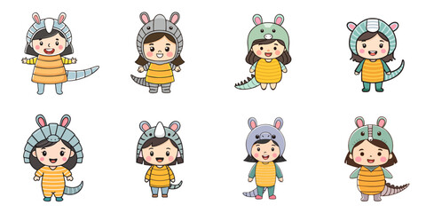 Multiple vector illustrations, girl wearing armadillo costume

