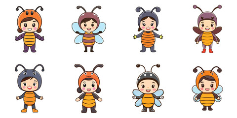 Multiple vector illustrations, girl wearing ant costume

