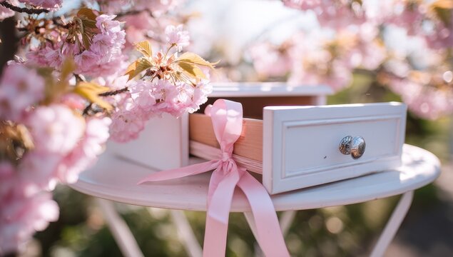 White box with pink ribbon, cherry blossoms - Powered by Adobe