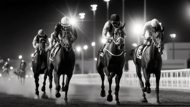 Horse racing competition at night, jockeys competing for first place