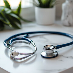 A close-up, aesthetically pleasing shot of a stethoscope on a bright table, accompanied by indoor plants in soft, natural light, suggests healthcare, medical, and wellness.