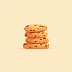 A stack of four golden-brown chocolate chip cookies on a pale background, digitally illustrated with a slightly textured appearance