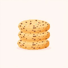 A stack of three round, light brown chocolate chip cookies with sprinkles, digitally rendered in a pixel art style against a white background