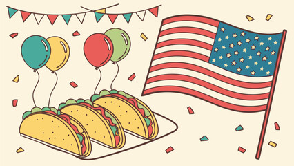 Illustration of tacos, balloons, american flag, and confetti for a festive celebration scene