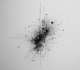A grayscale abstract artwork featuring a dense cluster of lines, dots, and smudges radiating outwards, creating a sense of explosion or energy