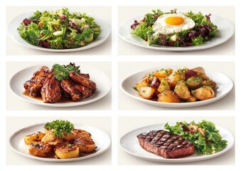 Six plated meals two salads (one with fried egg), glazed chicken wings, roasted potatoes (two variations), and a steak with a side salad