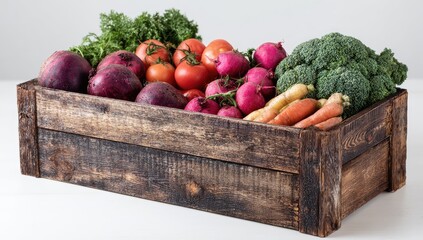 A rustic wooden crate overflowing with a vibrant assortment of freshly harvested vegetables including beets, tomatoes, radishes, carrots, and broccoli