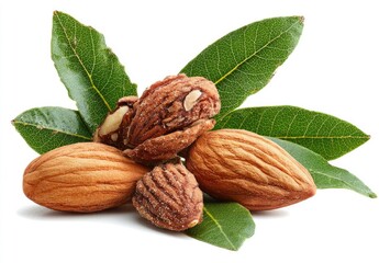 Three almonds, one cracked open, nestled amongst vibrant green leaves, isolated on a white background