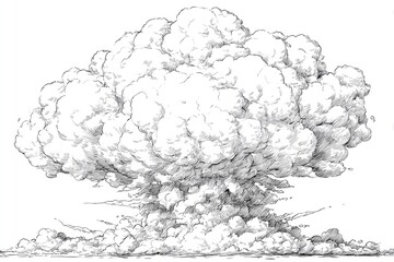 Detailed pen-and-ink drawing of a massive, billowing mushroom cloud, rendered in grayscale, suggesting a powerful explosion or eruption