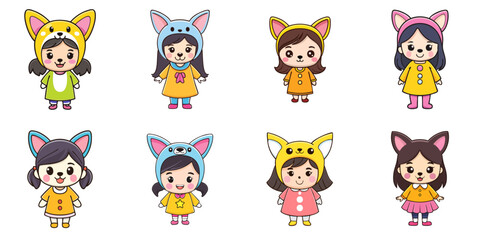 Multiple vector illustrations, girl wearing Chow Chow dog costume

