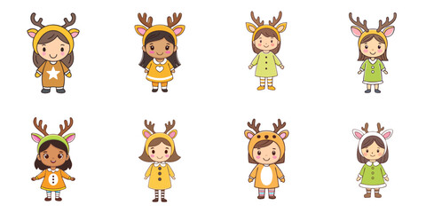 Multiple vector illustrations, girl wearing deer costume

