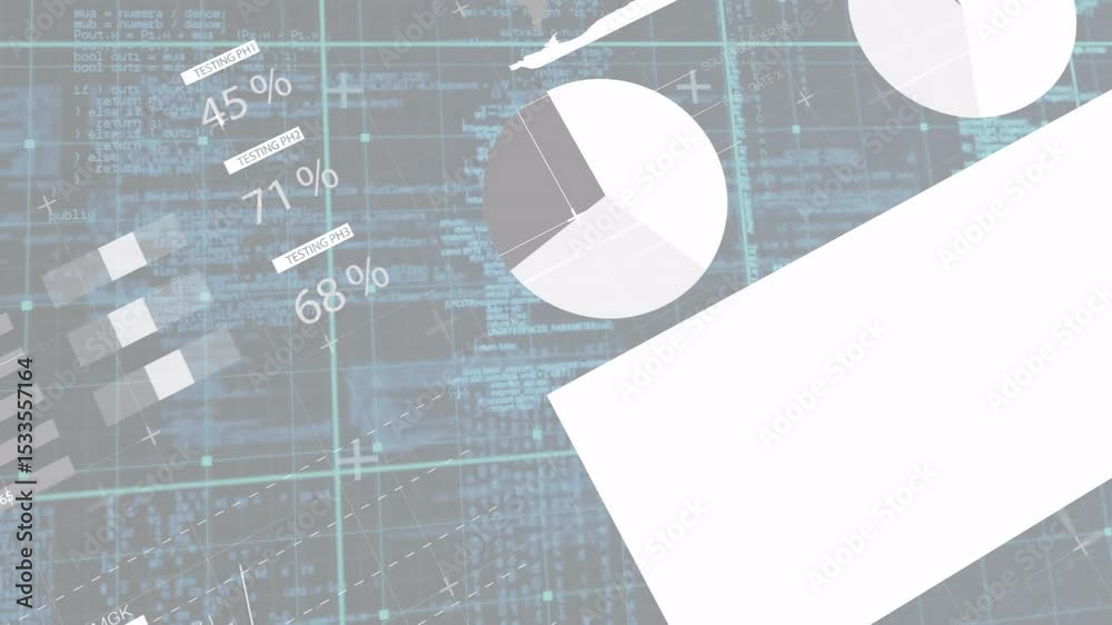 Poster grid overlay opening while charts fading, gauges dropping and panels rotating visualizing live data