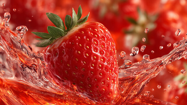 A freshy strawberry and red liquid and water flowing .