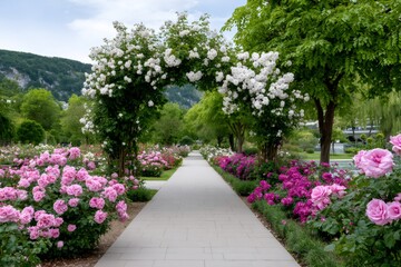 Obraz premium Blooming white rose archway covering paved pathway in public park