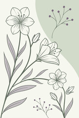 Minimalist vector-style floral background in pastel tones, soft green and lavender colors, seamless pattern with line-drawn flowers and delicate stems