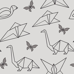 Origami animals seamless vector pattern, soft gray background with folded line icons