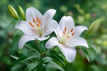 Fototapeta premium Two white lilies blooming in spring with water drops