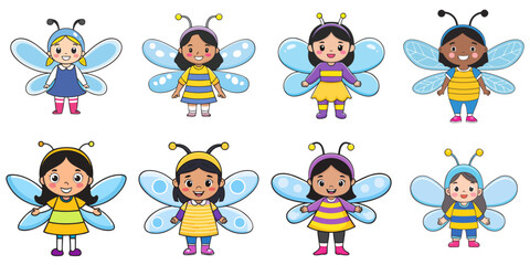 Multiple vector illustrations, girl wearing fly costume

