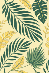 Seamless tropical vector pattern featuring palm leaves and exotic plants, earthy green and yellow tones, elegant flat design