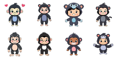 Naklejka premium Multiple vector illustrations, girl wearing gorilla costume
