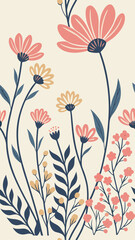 Floral pattern with pink and yellow flowers, blue leaves and stems, on a cream background, flat design, vector illustration, seamless pattern