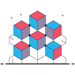 Isometric view of a pyramid made of red and blue cubes connected by black lines, white background