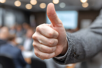 Close-up of a hand showing a thumbs up gesture in the foreground, slightly blurred in the background