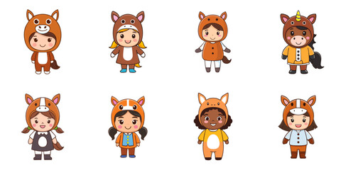 Multiple vector illustrations, girl wearing horse costume

