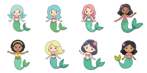 Multiple vector illustrations, mermaid girl

