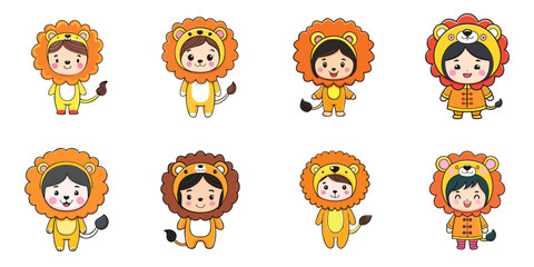 Multiple vector illustrations, girl wearing lion costume

