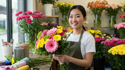 Cheerful Florist Arranging a Vibrant Bouquet - Powered by Adobe