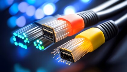 Close-up view of fiber optic cables connected.
