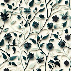 Seamless 3D floral pattern with dark blue and light green foliage, creating a dynamic and elegant botanical design on a cream background.