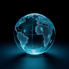 A captivating close-up of the world globe, showcases the intricate detail of continents and oceans, rendered in cool blue hues, emanating a futuristic and technological aura.