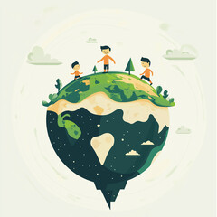 Children play atop a stylized depiction of the planet Earth. Expressing the concept of environmental stewardship and global interconnectedness.