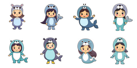 Obraz premium Multiple vector illustrations, girl wearing sea lion costume